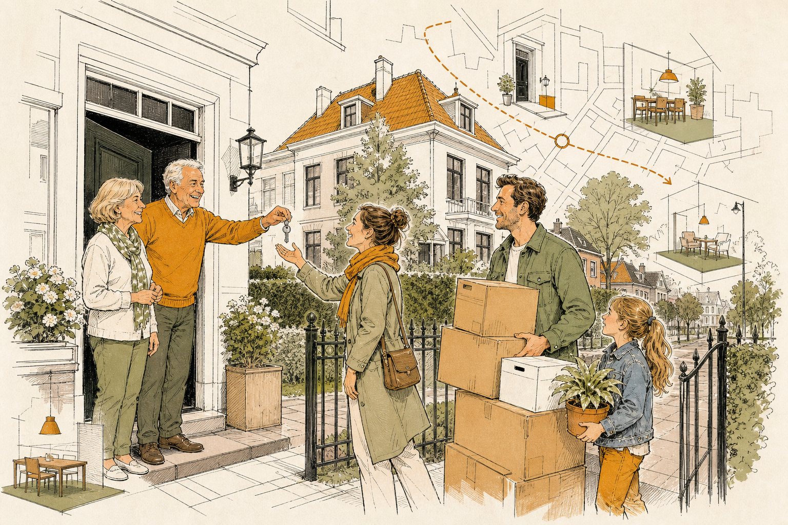 Illustratie: ouder echtpaar geeft de sleutel van hun vrijstaande huis over aan een jong gezin met verhuisdozen bij het tuinhek