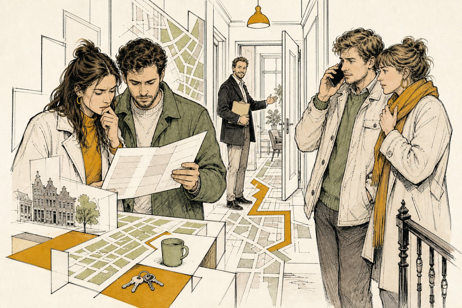 Illustratie van twee stellen die in de hal van een te koop staande woning op een bezichtiging staan te wachten