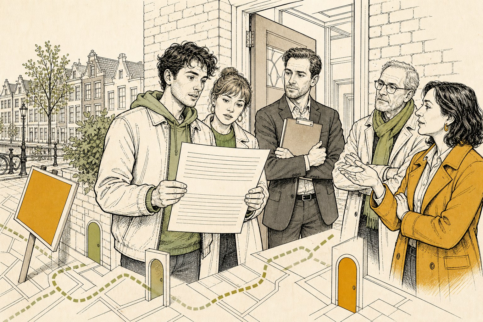 Twee huizenzoekers op de stoep met een geprint biedlogboek met een gat in de regels, de makelaar houdt zijn klembord tegen zich aan