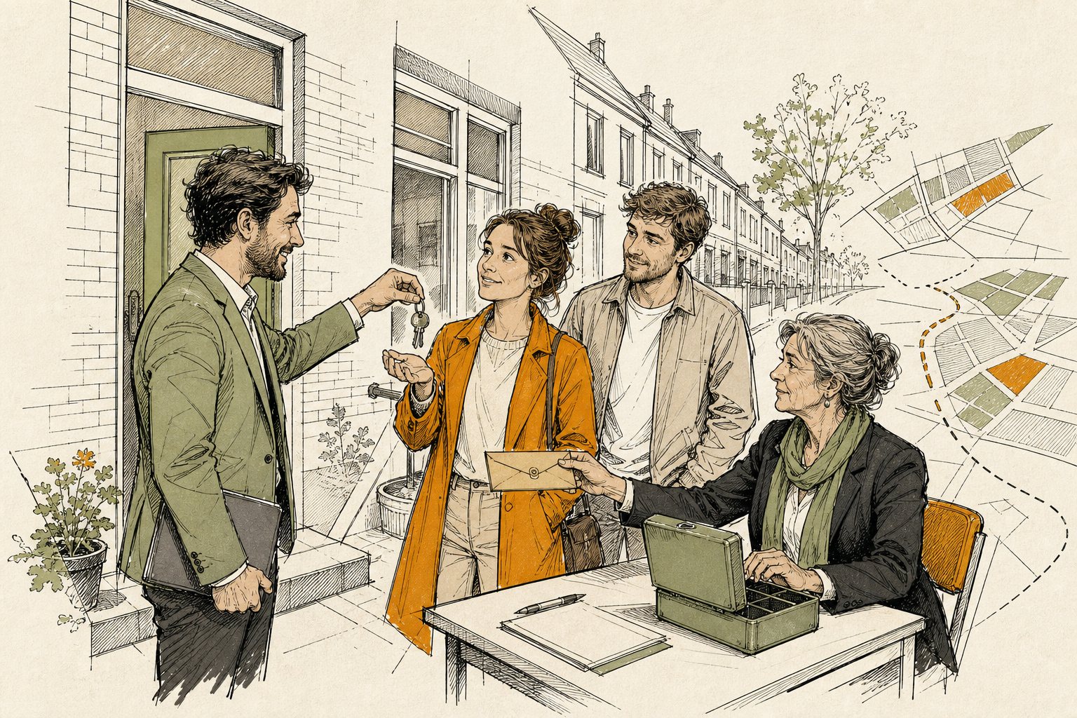 Jong stel krijgt de sleutel van een tussenwoning van een makelaar terwijl een ambtenaar aan een tafeltje een tweede envelop aanreikt