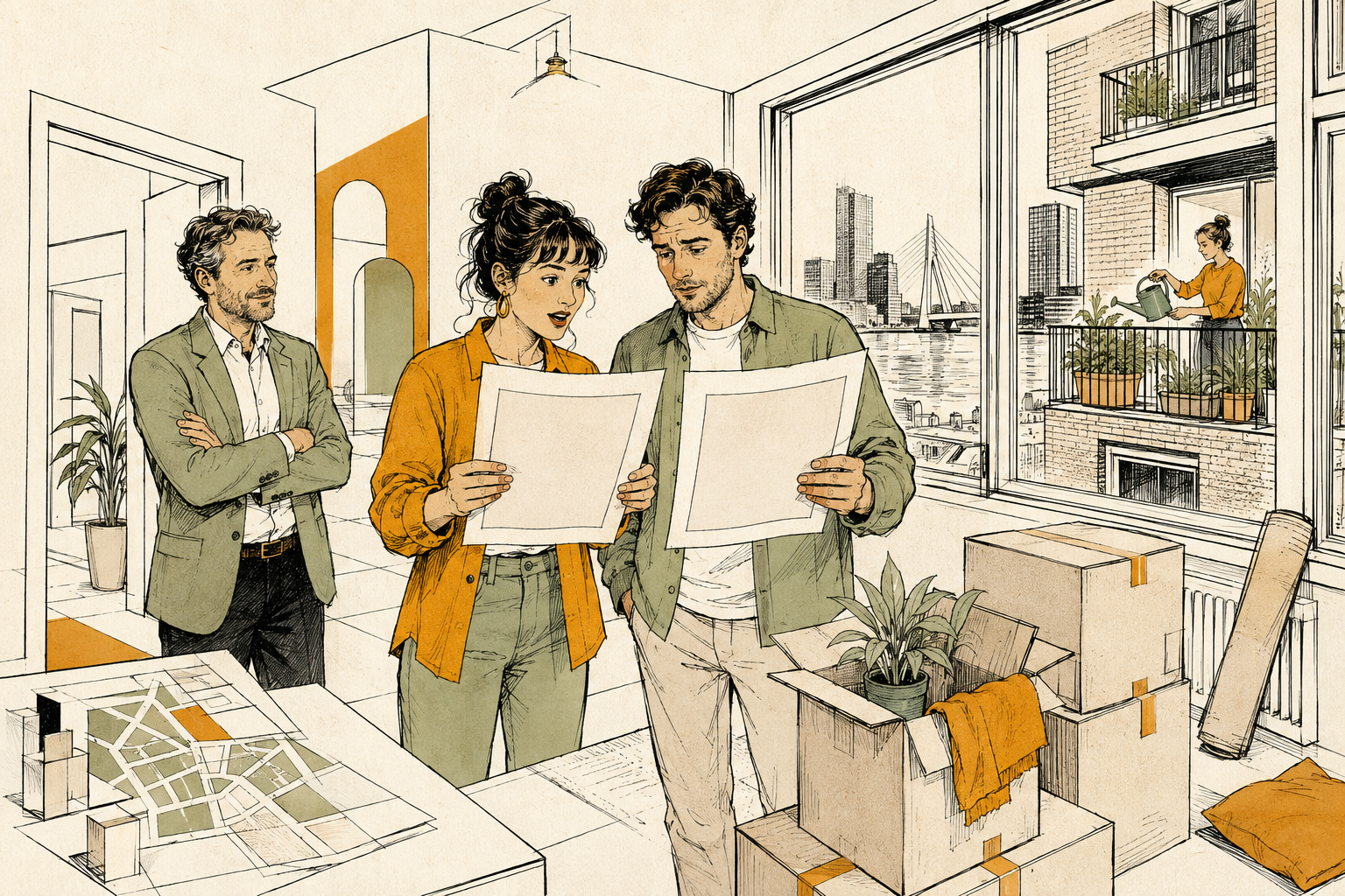 Stel met verhuisdozen vergelijkt twee huurcontracten in een leeg appartement