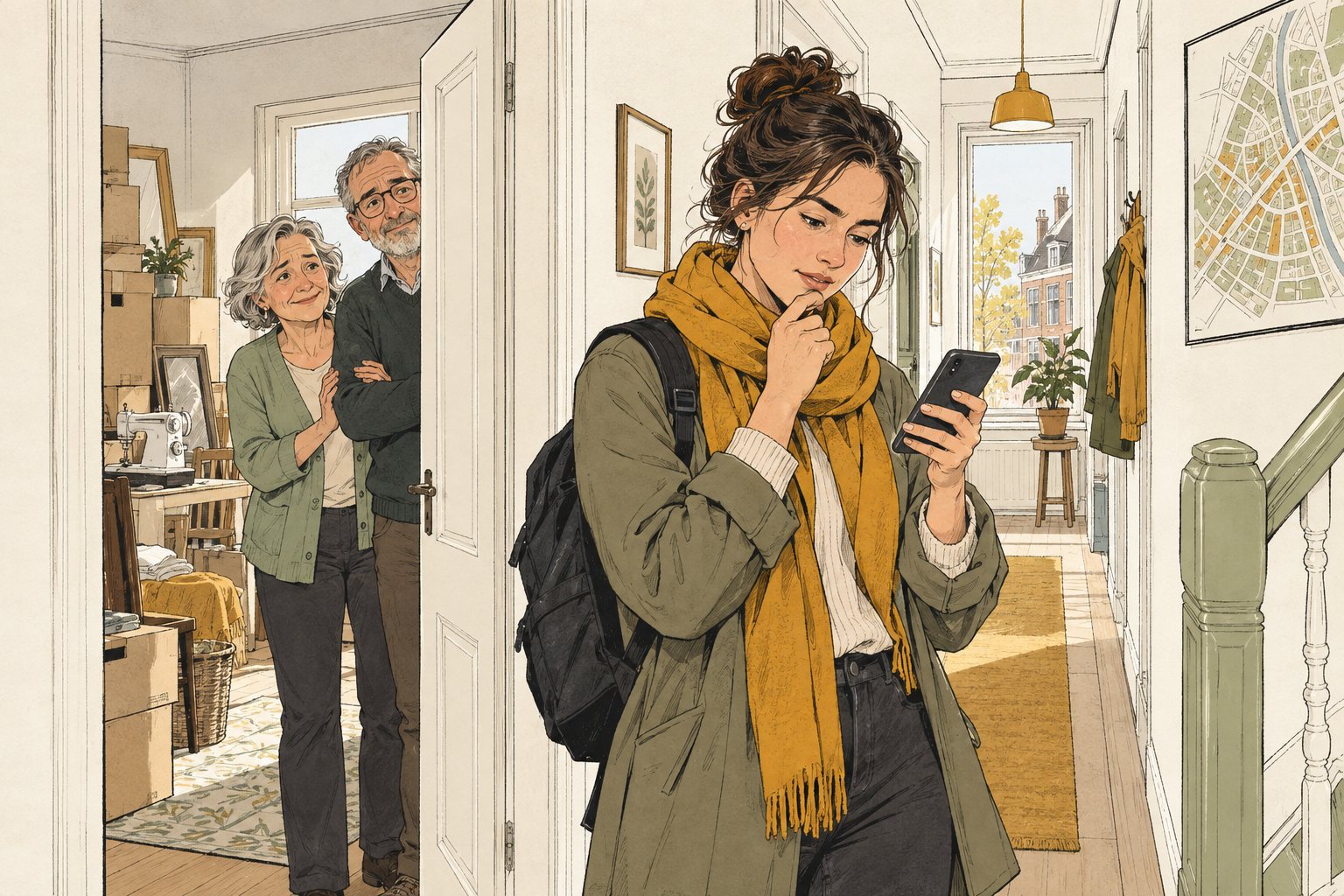 Illustratie van een ouder stel in de deur van een ongebruikte logeerkamer terwijl een jonge vrouw in de gang kamers zoekt op haar telefoon