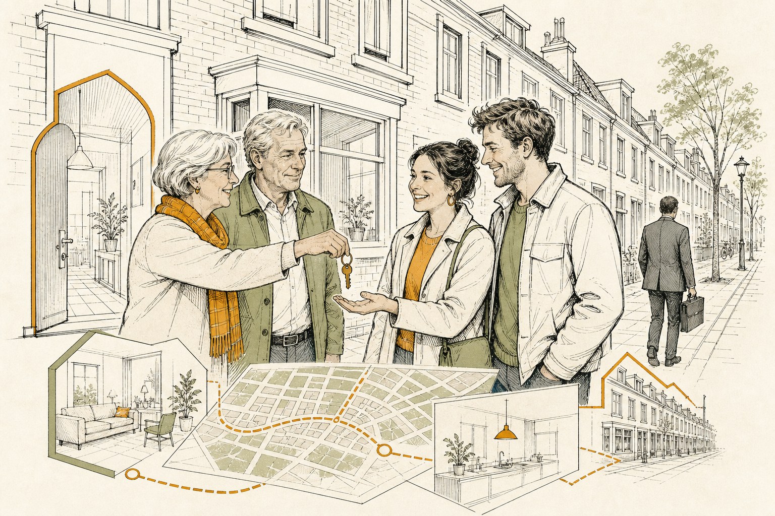 Ouder echtpaar geeft een huissleutel aan een jong starterstel voor een rijtjeshuis, een belegger loopt weg