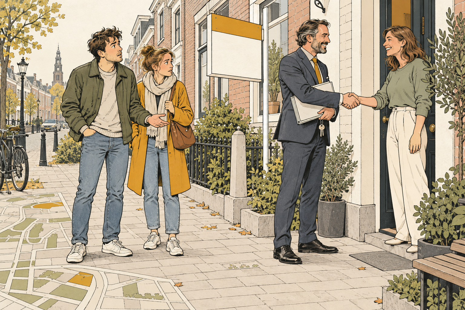Kopers op straat terwijl de makelaar in de deuropening een ander de hand schudt