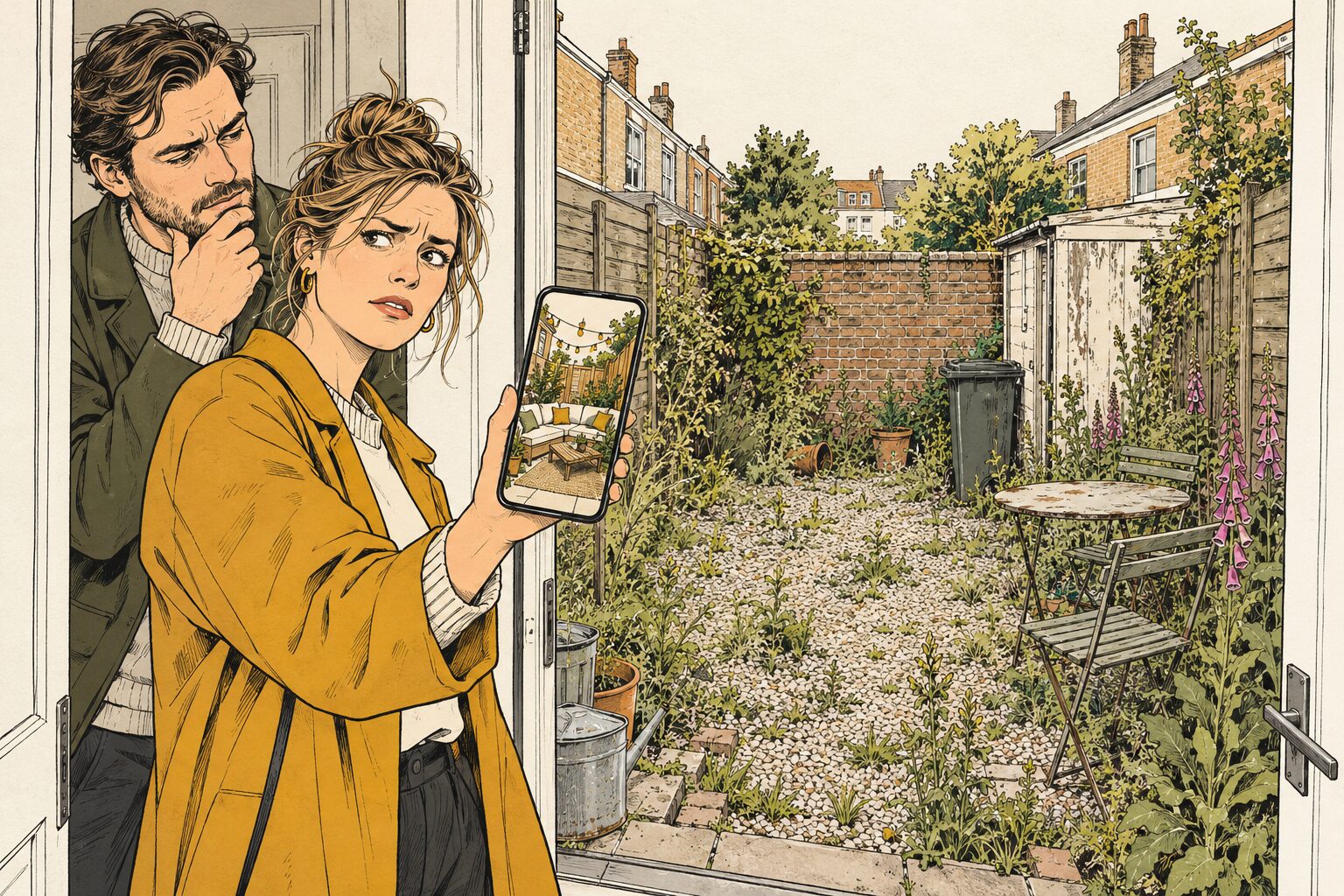 Getekend stel in de achterdeur: zij houdt een telefoon met een AI-tuin vol lampjes omhoog, terwijl de echte tuin grind met onkruid is