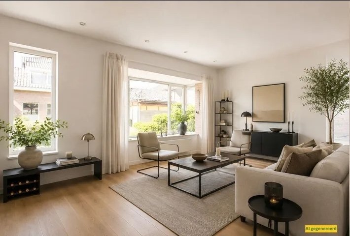 Met AI ingerichte woonkamer in beige tinten met rechtsonder een geel label AI gegenereerd