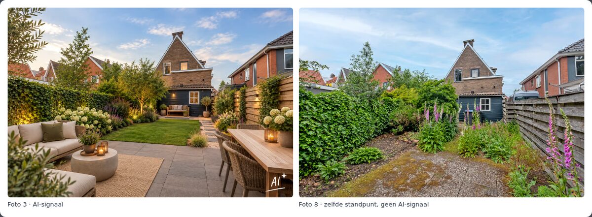 Echtzicht zet op Funda de met AI bewerkte tuinfoto naast de echte foto van dezelfde tuin: lounge met lampjes tegenover grind met onkruid