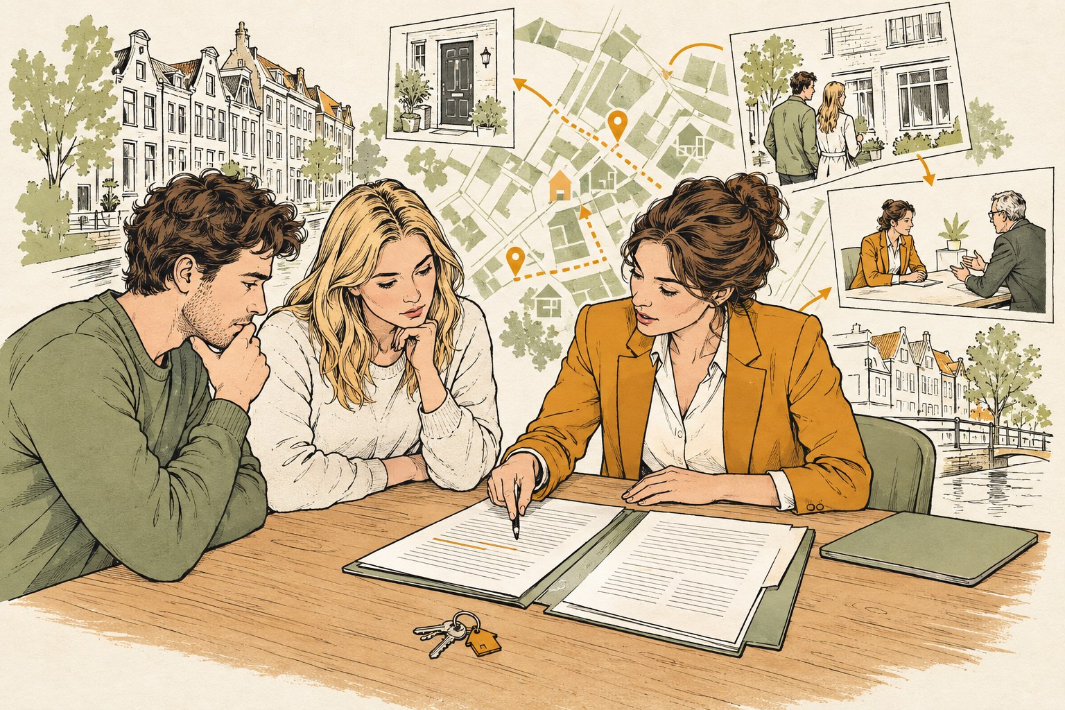 Illustratie van twee woningkopers en een makelaar die een koopcontract en bankgarantie bekijken