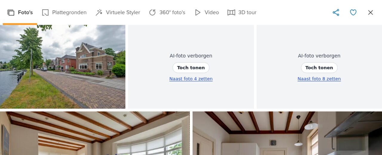 Funda-fotogalerij waarin Echtzicht twee AI-foto's verbergt met de knoppen Toch tonen en Naast foto zetten