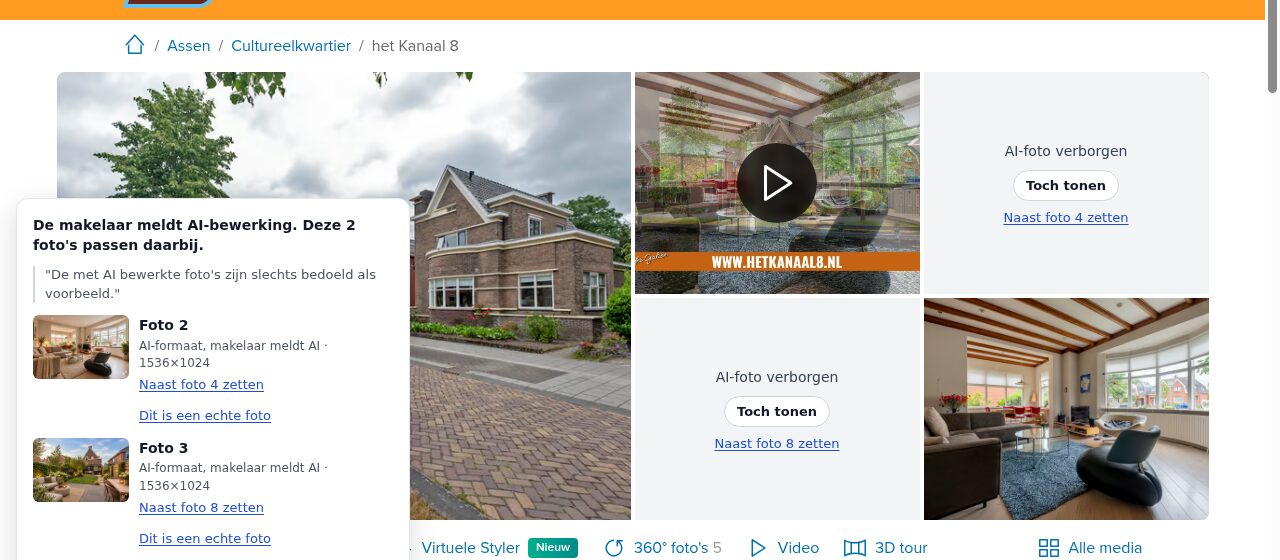 Funda-woningpagina met het Echtzicht-paneel: de makelaar meldt AI-bewerking, twee foto's zijn afgedekt
