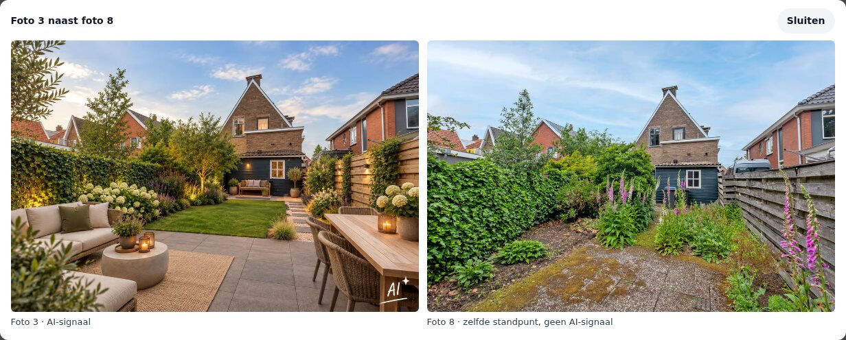 Echtzicht zet foto 3 (tuin met AI bewerkt, loungebank en lampjes) naast foto 8 (dezelfde tuin echt, grind en onkruid)
